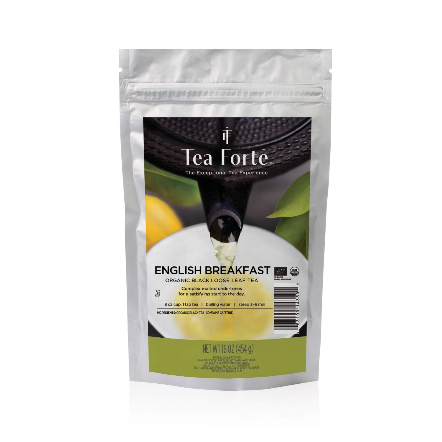 Tea Forte English Breakfast Premium Organic Loose Leaf Caffeinated Black Tea Blend, Resealable 1 Pound Bag, Makes 160-175 Cups