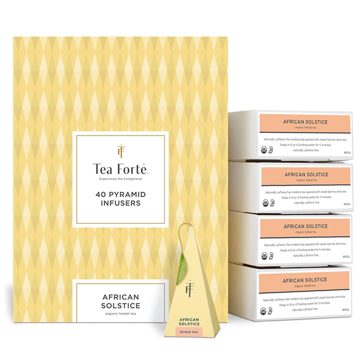 Tea Forte African Solstice Premium Organic Caffeine-Free Herbal Tea Blend Event Box, Bulk Pack 40 Count, 10 per tray Individually Wrapped Handcrafted Pyramid Infusers
