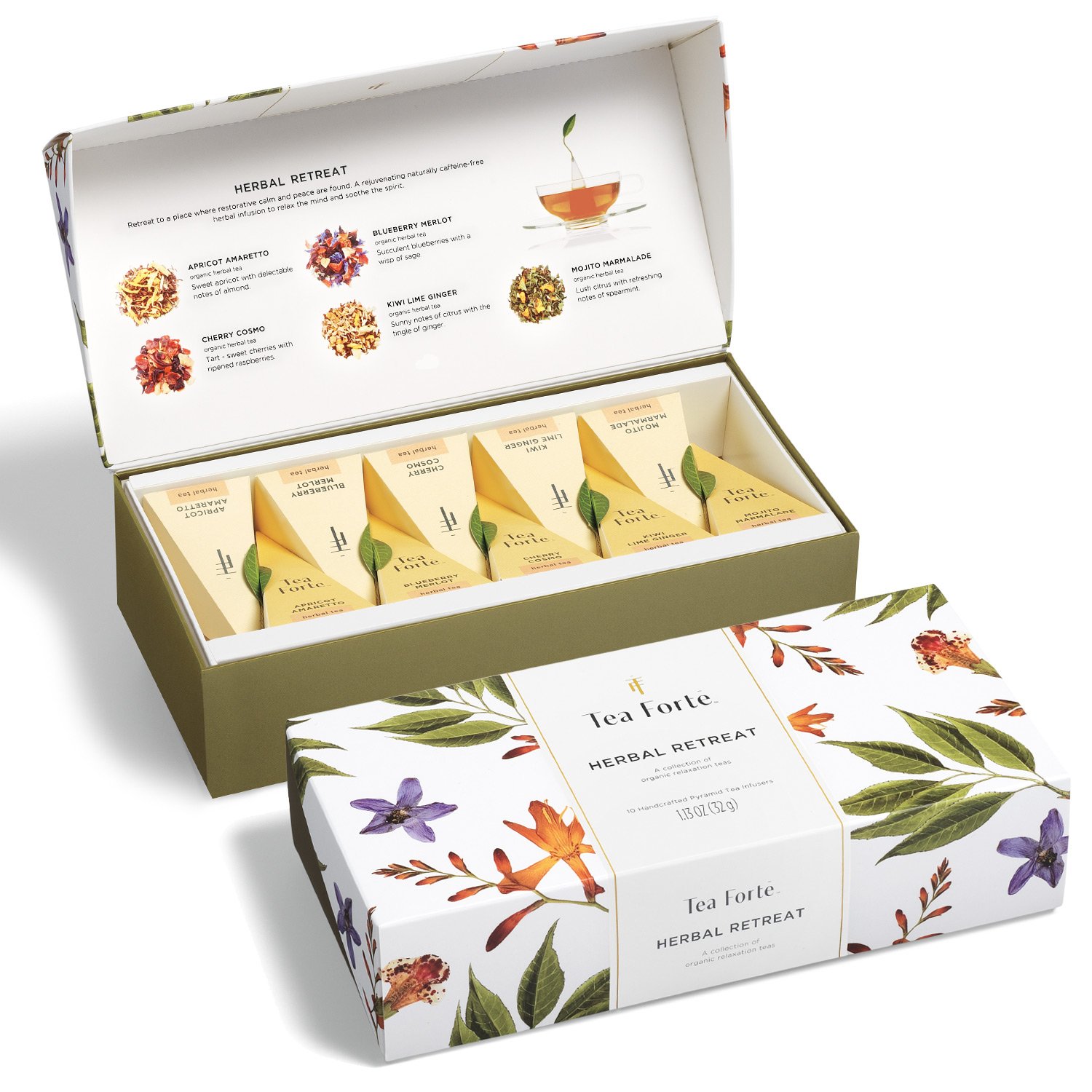 Tea Forte Assorted Green Tea Petite Presentation Box Tea Gift Set Sampler, 10 Count, 2 of Each Variety Individually Wrapped Handcrafted Pyramid Infuser Bags