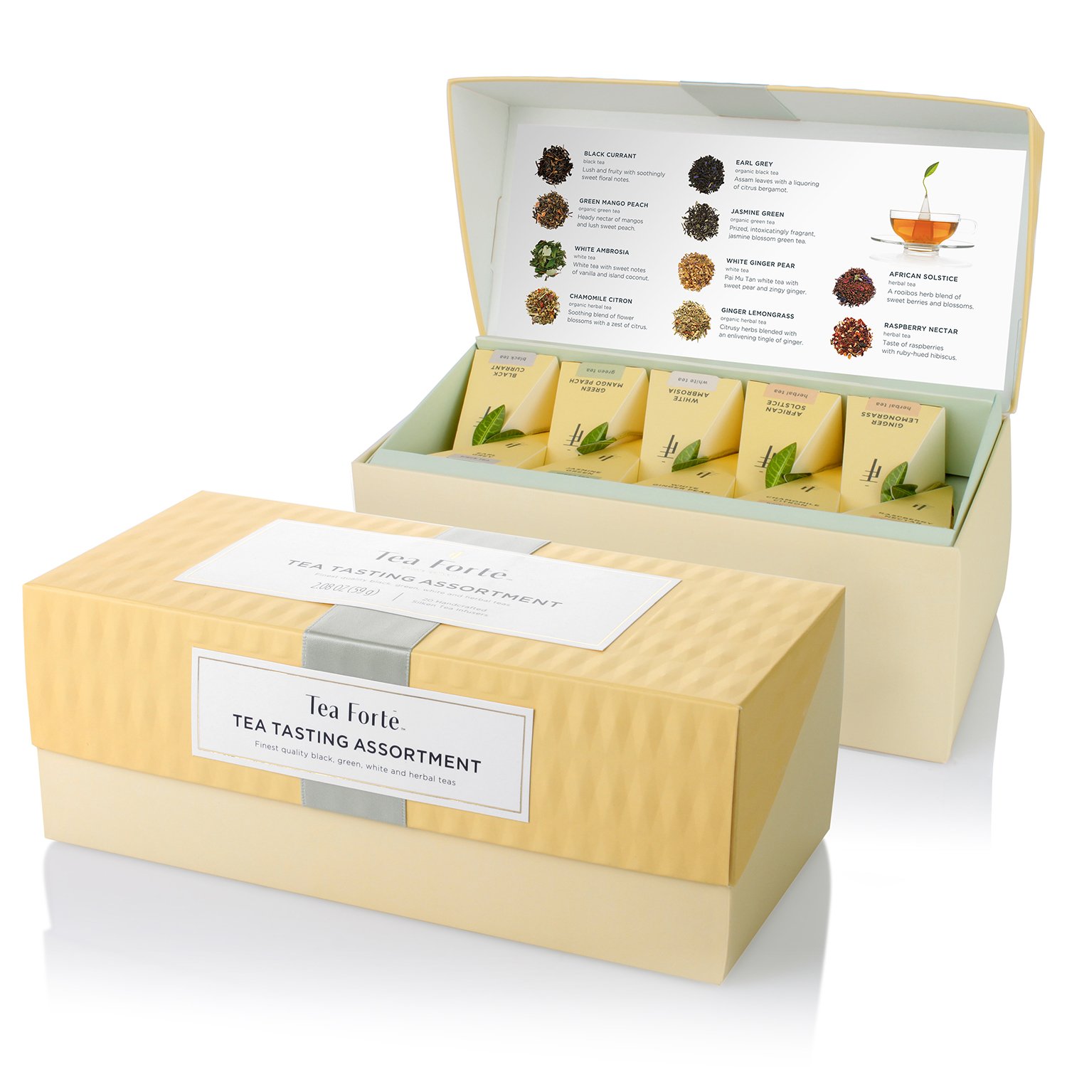 Tea Forte Assorted Black Tea Presentation Box Tea Gift Set Sampler, 20 Count, 2 of Each Variety Individually Wrapped Handcrafted Pyramid Infuser Bags