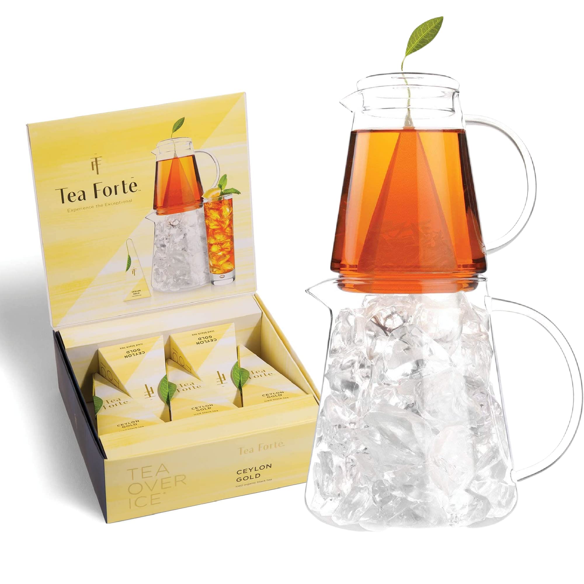 Tea Forte Tea Over Ice Steeping Pitcher + Tea Infuser Blends, Ceylon Gold Pitcher Sized Ice Tea Infusers (5pk) + Glass Serving & Brewing Pitcher Set for Flash Chilled Ice Tea