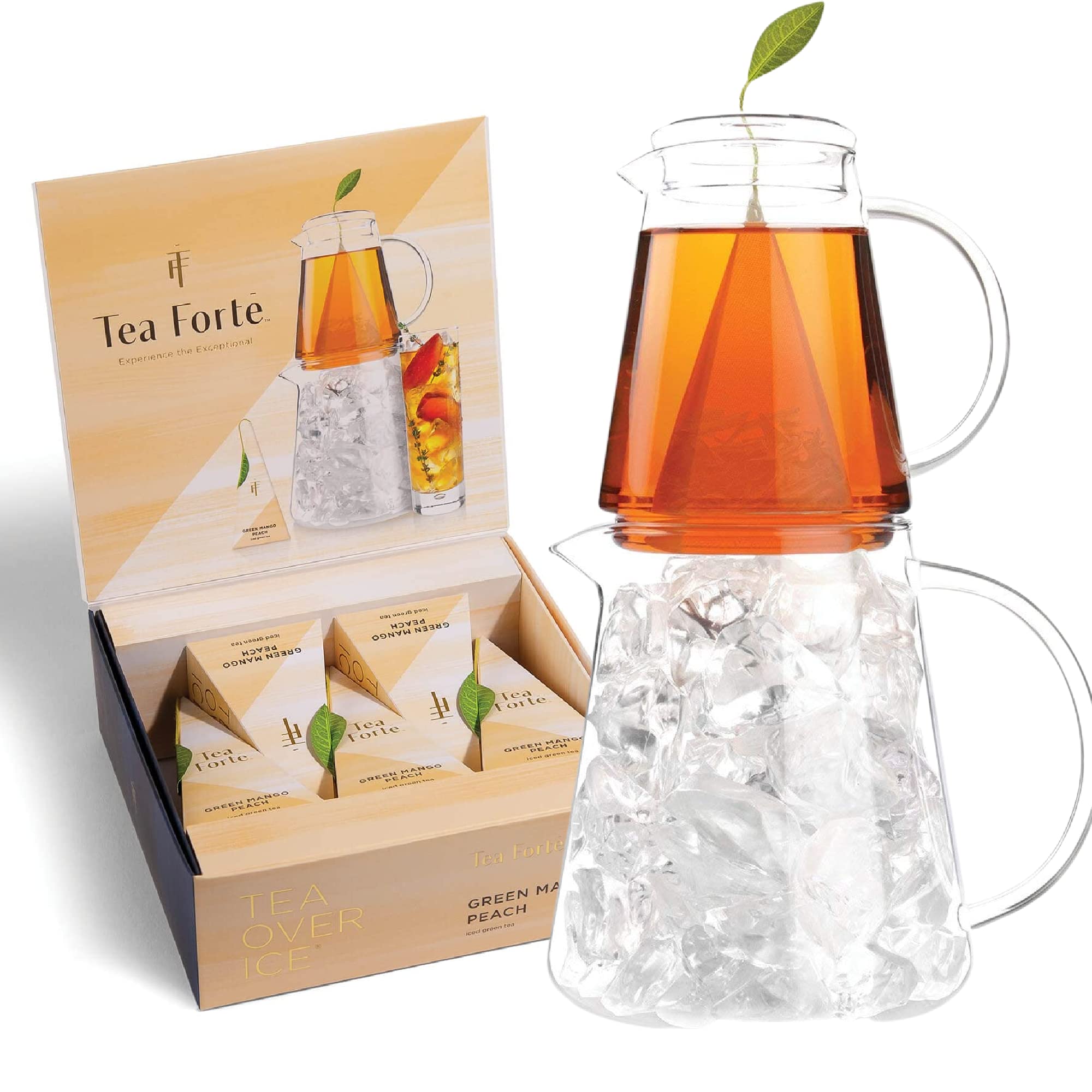Tea Forte Tea Over Ice Steeping Pitcher + Tea Infuser Blends, Mango Peach Tea Pitcher Sized Ice Tea Infusers (5pk) + Glass Serving & Brewing Pitcher Set for Flash Chilled Ice Tea