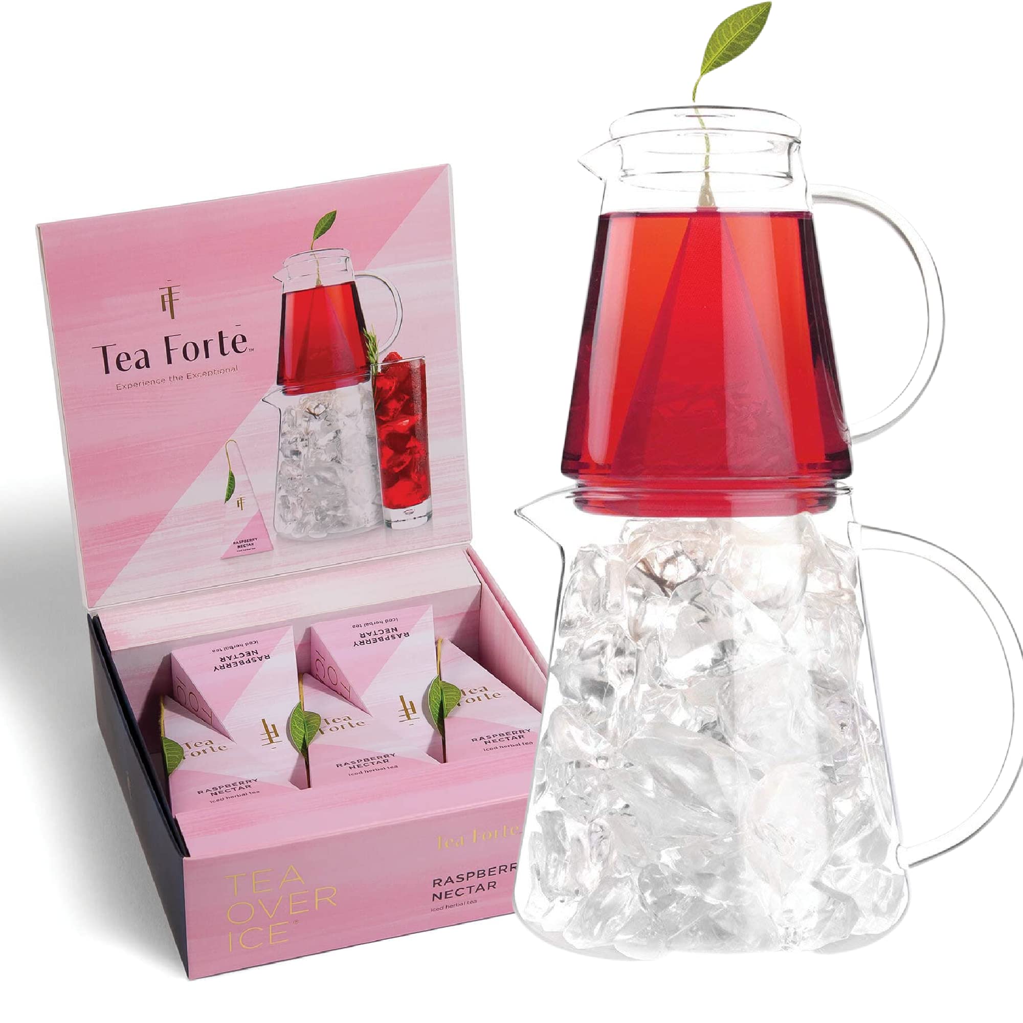 Tea Forte Over Ice Steeping Pitcher + Tea Infuser Blends - Raspberry Nectar, 5pk Ice Tea Brewing & Serving Pitcher Set