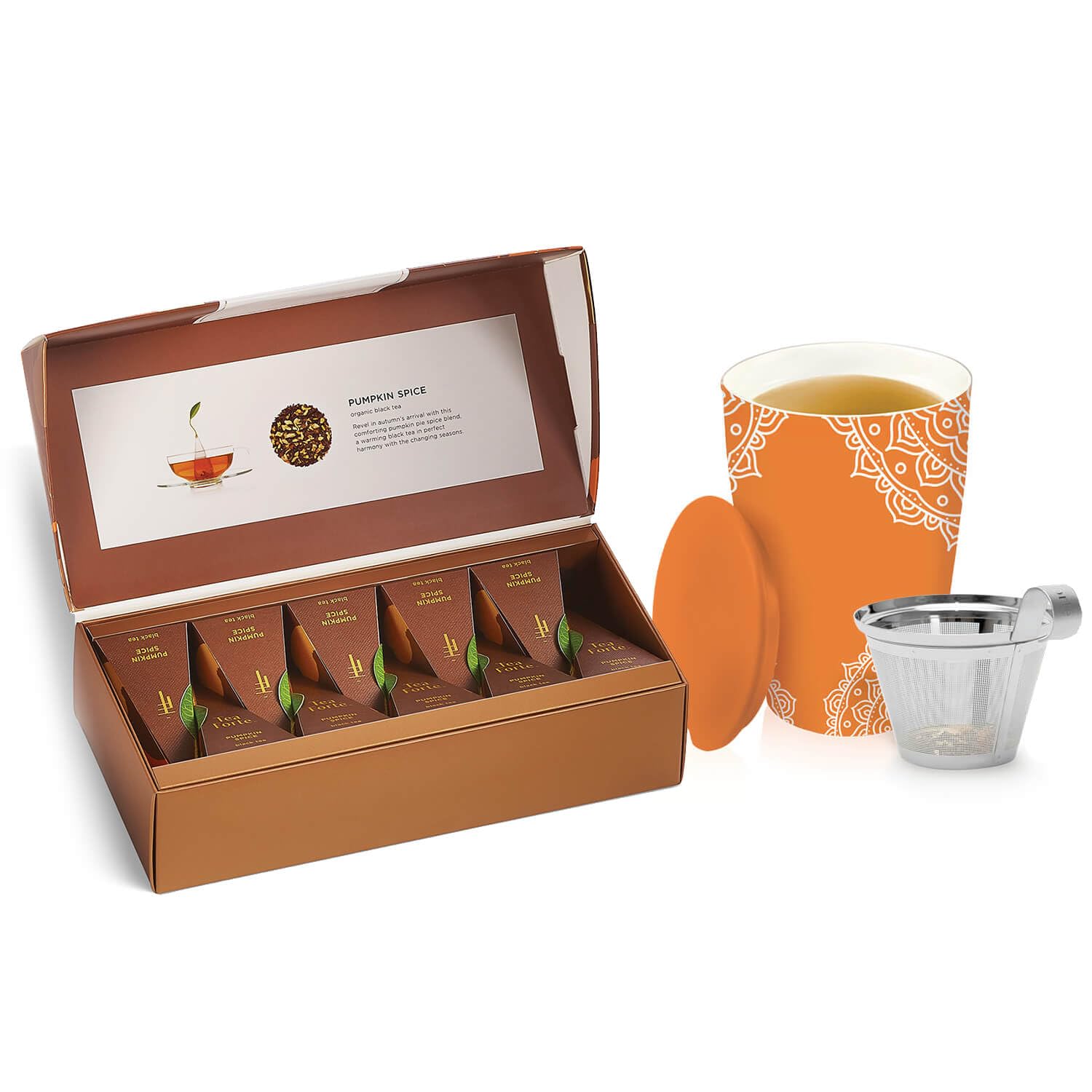 Tea Forte Pumpkin Spice Starter Set – Petite Presentation Box + Kati Cup Chakra, Tea Infuser Gift Set with 10 Pyramids and Infuser Cup