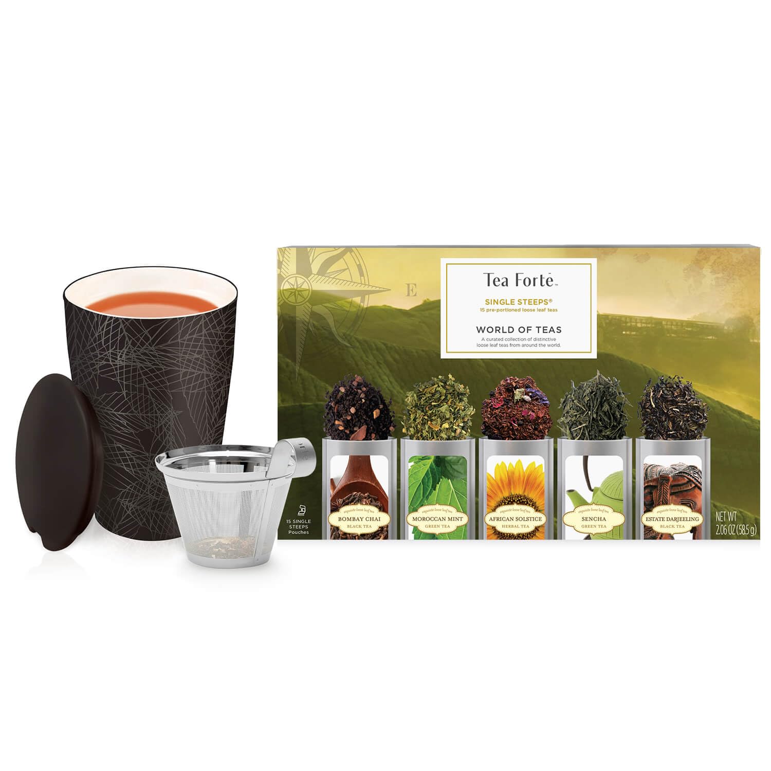 Tea Forte Single Steeps Starter Set – World of Teas + Kati Cup Noir, Tea Gift Set with Loose Tea and Ceramic Infuser Cup 12oz