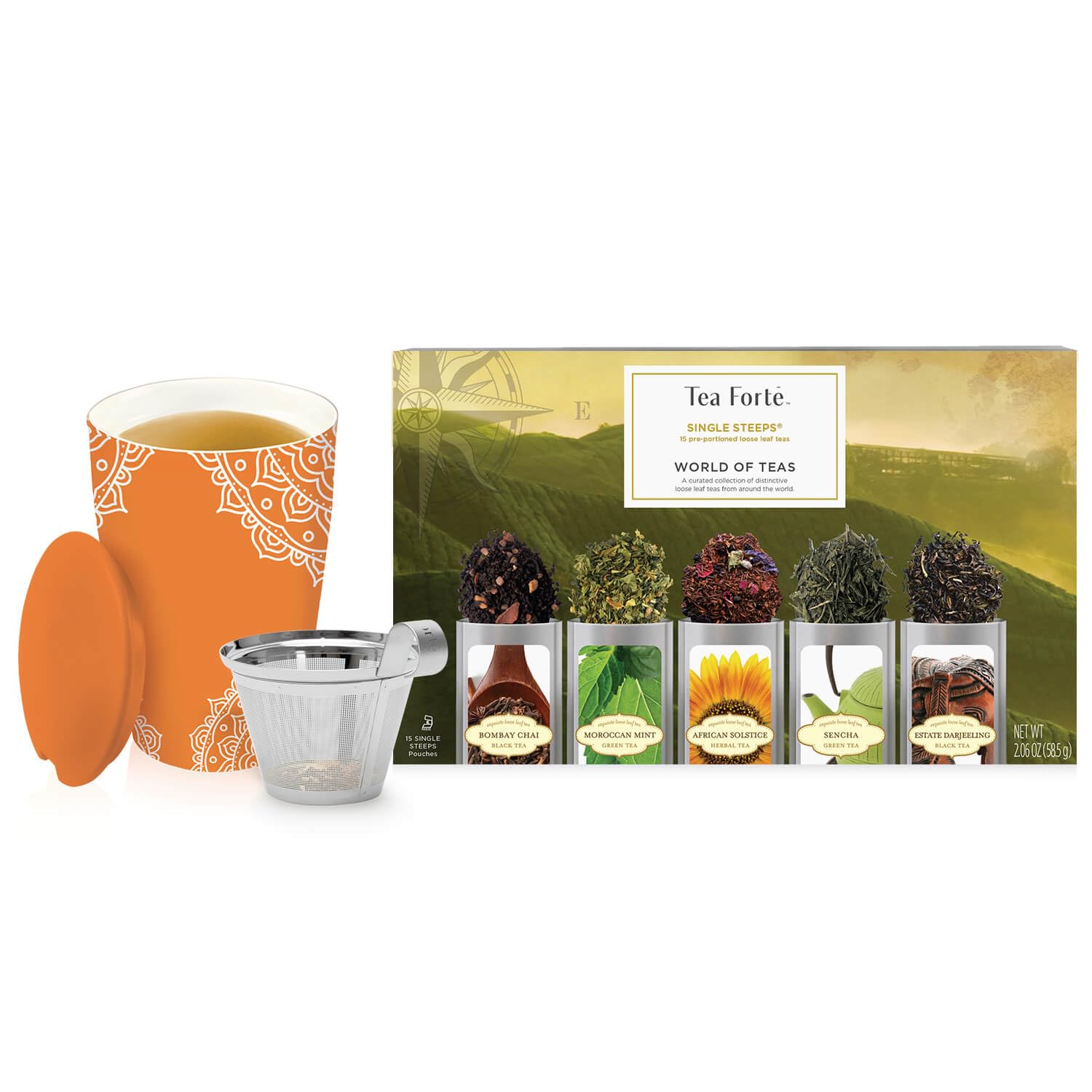 Tea Forte Single Steeps Starter Set – World of Teas + Kati Cup Chakra, Tea Gift Set with Loose Tea and Infuser Cup