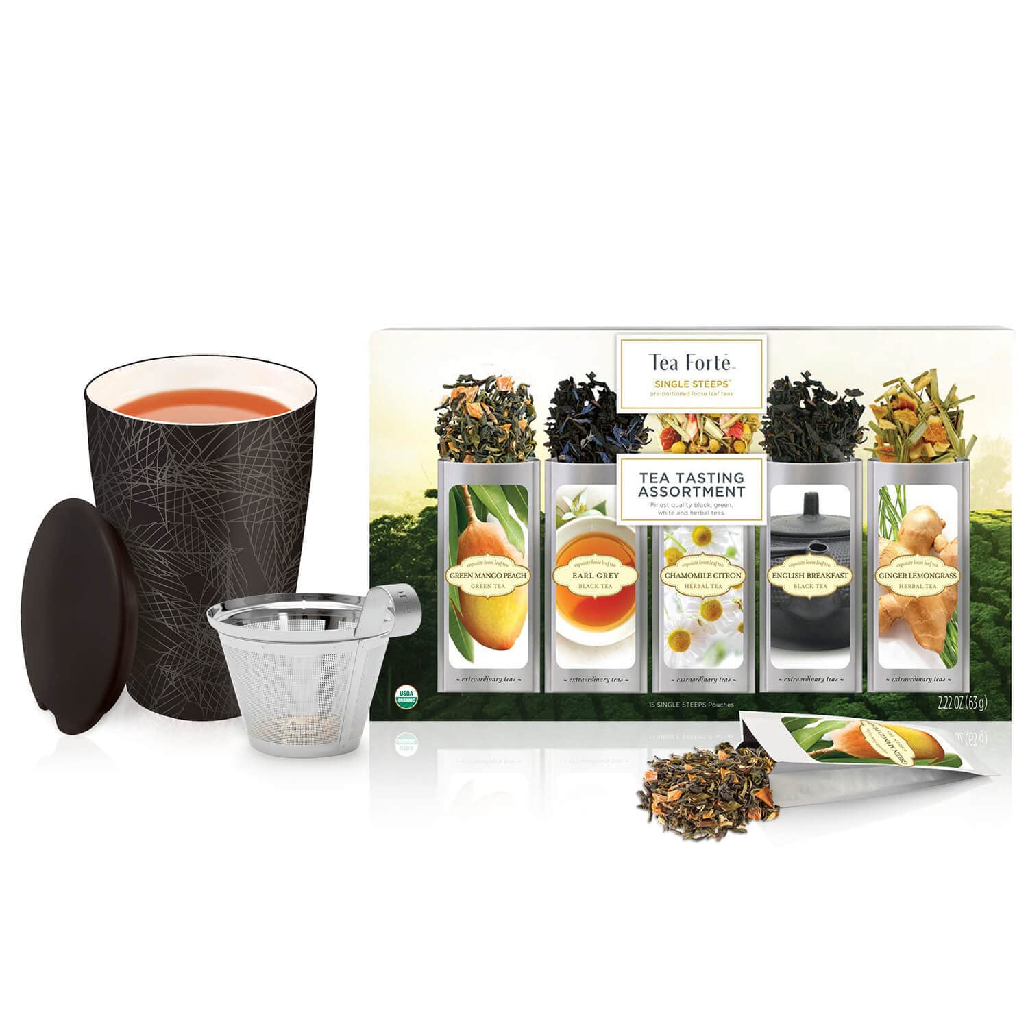 Tea Forte Single Steeps Starter Set - Classic Tasting + Kati Noir, Gift Set With Loose Tea and Infuser Cup