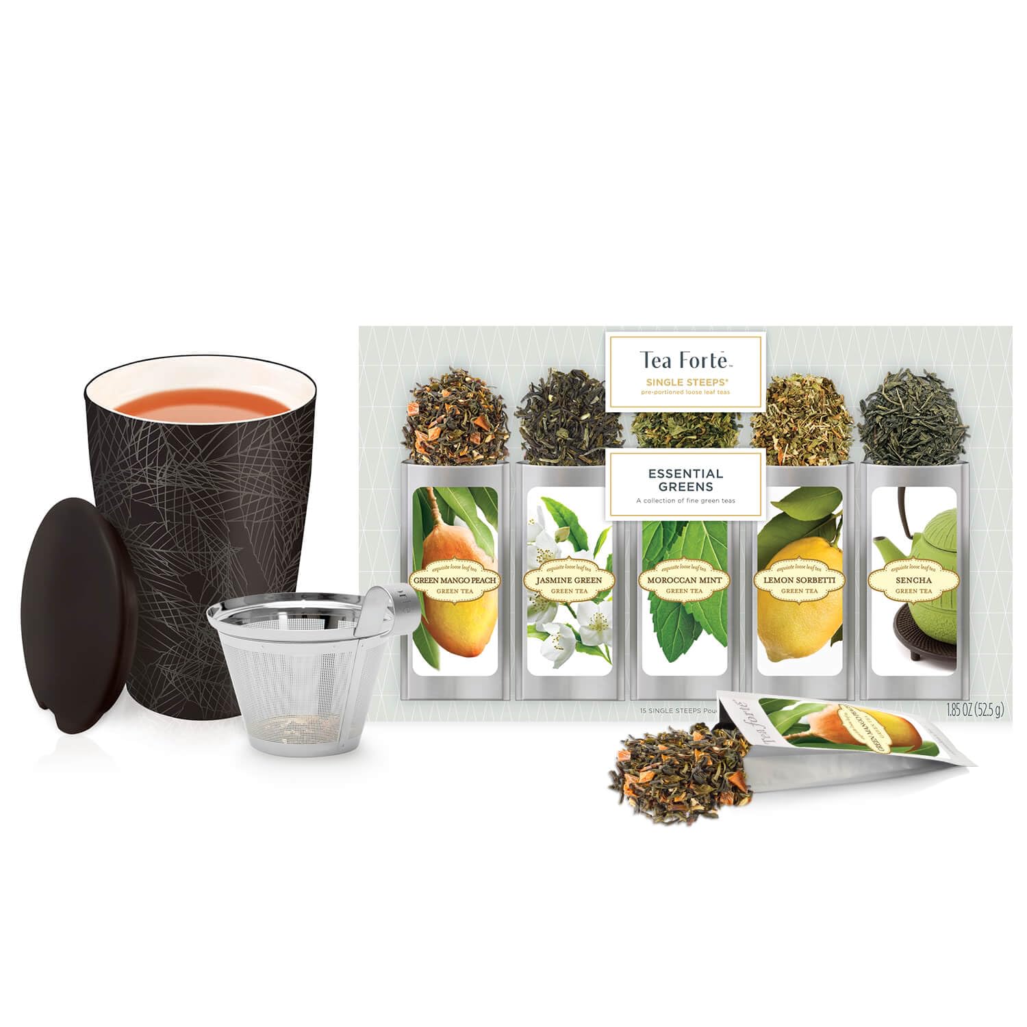 Tea Forte Single Steeps Starter Set – Essentials Green Tea + Kati Cup Noir Tea Gift Set